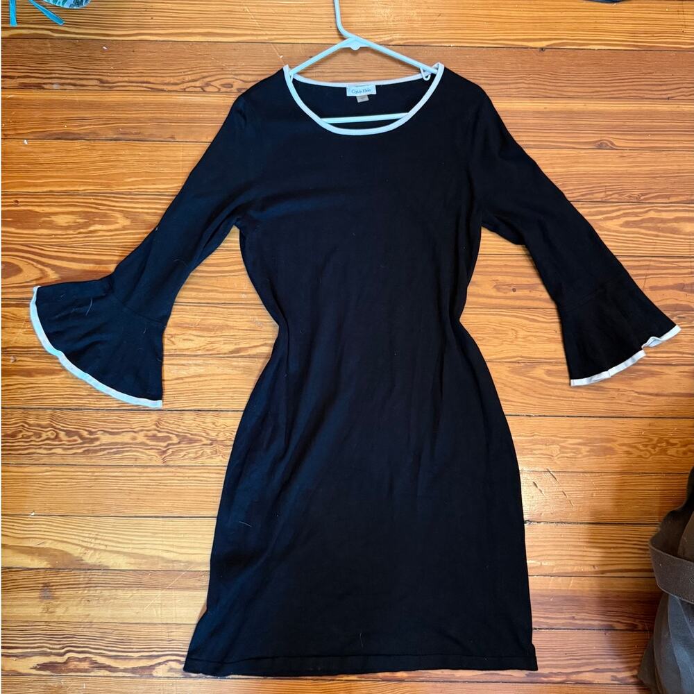 Calvin Klein Black White Contrast Trim Bell Sleeve Knit Dress Size L